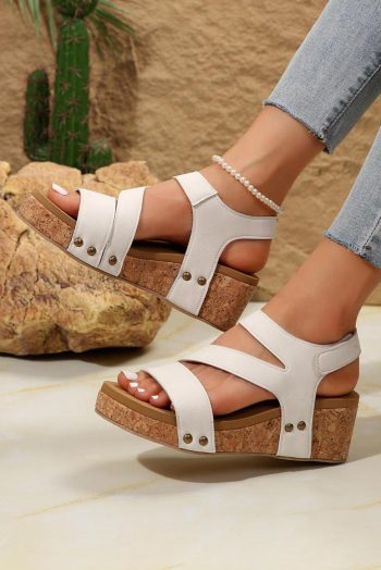 Women Beige Cut Out Suede Velcro Wedge Sandals | Sandals