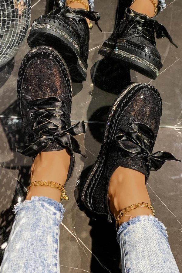 Women Black Floral Mesh Thick Sole Sneakers | Sneakers - Image 2