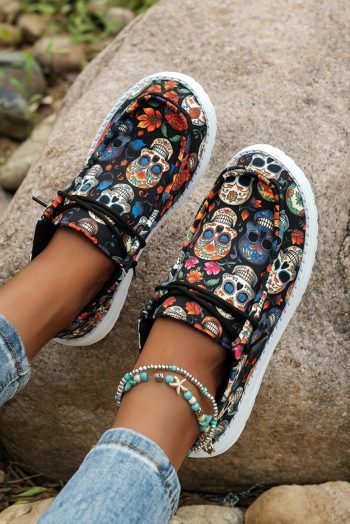 Women Black Halloween Skull Print Casual Shoes | Sneakers