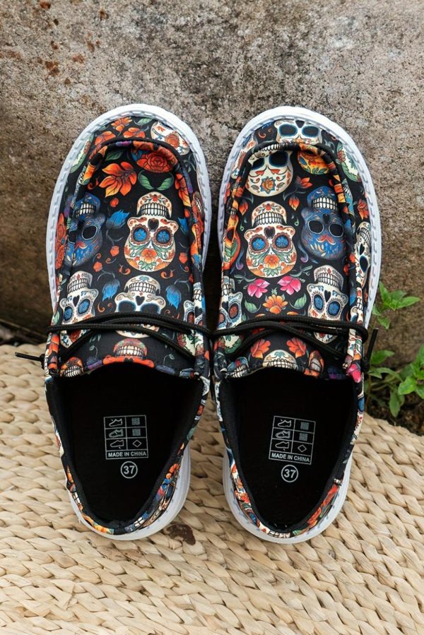 Women Black Halloween Skull Print Casual Shoes | Sneakers - Image 2