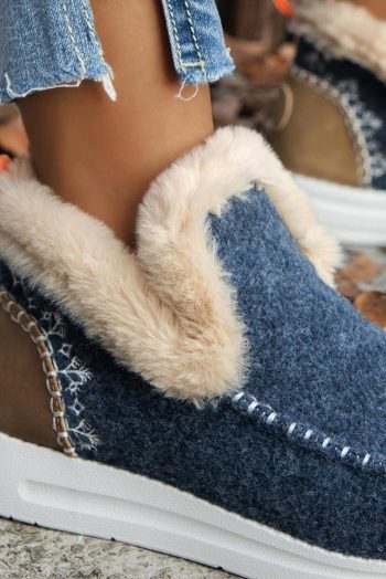 Women Blue Suede Stitching Patchwork Plush Lined Anklet Boots | Boots
