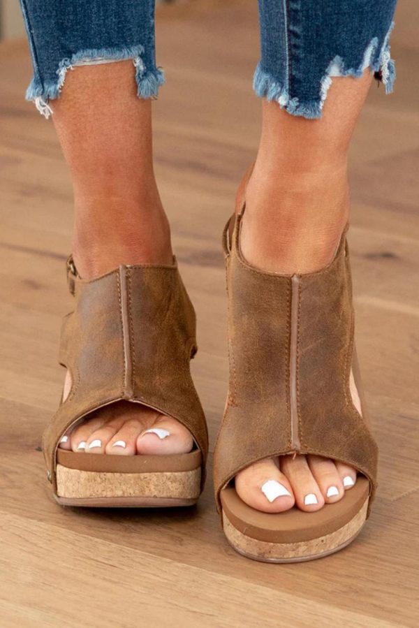 Women Brown Vintage Leather Stitching Studded Wedge Sandals | Sandals - Image 2
