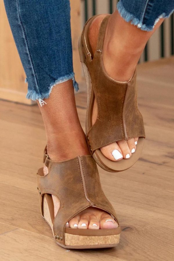 Women Brown Vintage Leather Stitching Studded Wedge Sandals | Sandals - Image 3