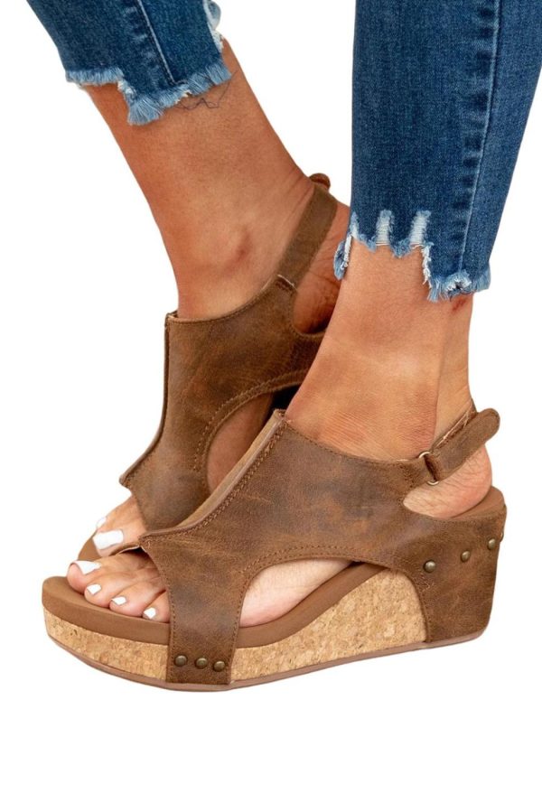 Women Brown Vintage Leather Stitching Studded Wedge Sandals | Sandals - Image 5
