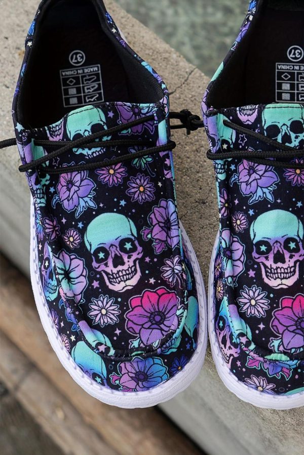 Women Dark Blue Halloween Skull Print Lace Up Casual Shoes | Sneakers - Image 2