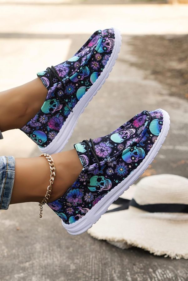 Women Dark Blue Halloween Skull Print Lace Up Casual Shoes | Sneakers - Image 3