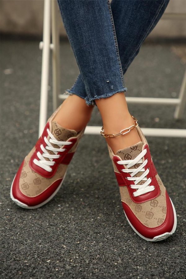 Women Fiery Red Patchwork Lace Up Sneakers | Sneakers - Image 2