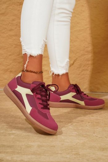 Women Fiery Red Pu Leather Stitched Colorblock Casual Lace-Up Sneakers | Sneakers