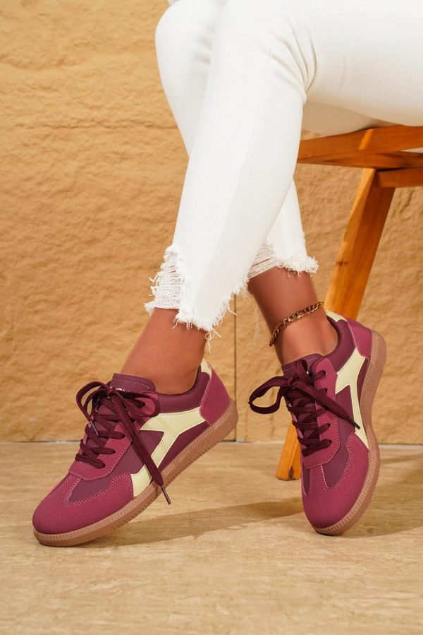 Women Fiery Red Pu Leather Stitched Colorblock Casual Lace-Up Sneakers | Sneakers - Image 2