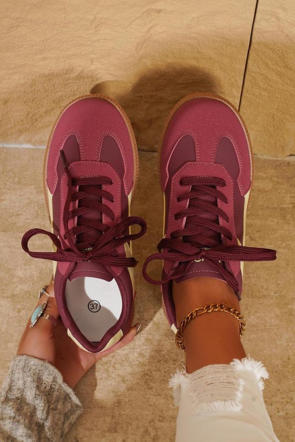 Women Fiery Red Pu Leather Stitched Colorblock Casual Lace-Up Sneakers | Sneakers - Image 3