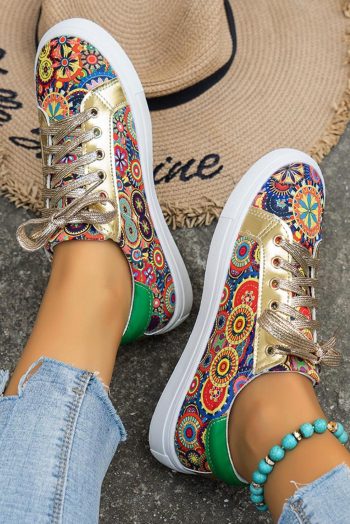 Women Gold Boho Ethnic Print Lace Up Sneakers | Sneakers