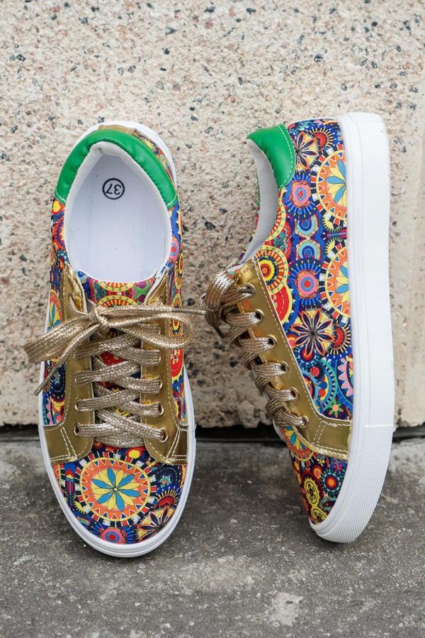 Women Gold Boho Ethnic Print Lace Up Sneakers | Sneakers - Image 2