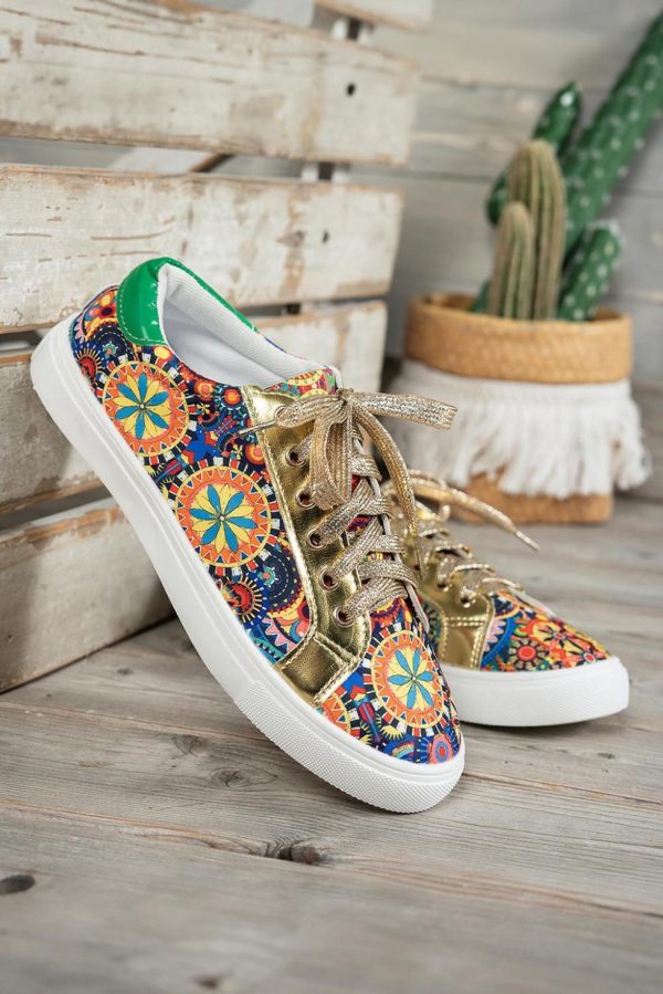 Women Gold Boho Ethnic Print Lace Up Sneakers | Sneakers - Image 3