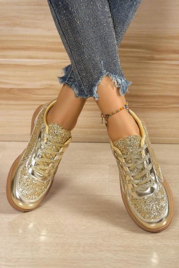 Women Gold Glitter Patchwork Lace Up Sneakers | Sneakers