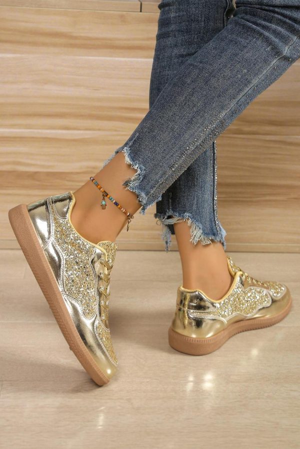 Women Gold Glitter Patchwork Lace Up Sneakers | Sneakers - Image 2