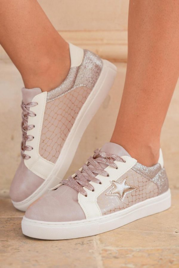 Women Gold Glitter Star Patchwork Pu Leather Lace-Up Sneakers | Sneakers - Image 3