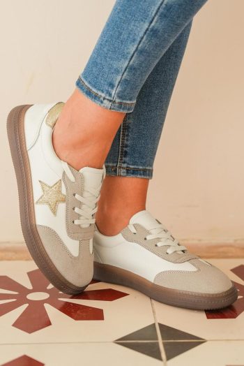 Women Gold Shimmer Star Patchwork Colorblock Lace-Up Sneaker | Sneakers