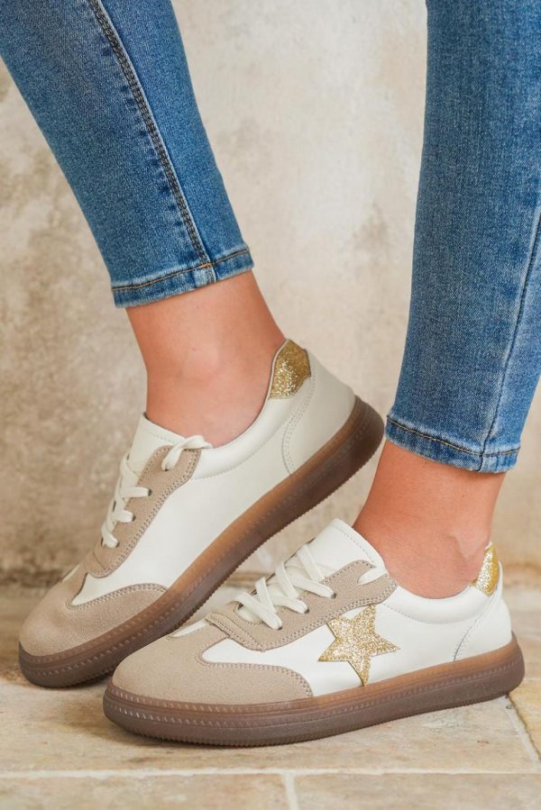 Women Gold Shimmer Star Patchwork Colorblock Lace-Up Sneaker | Sneakers - Image 2