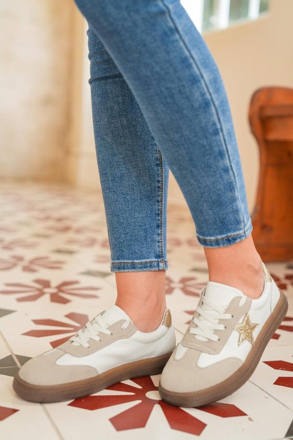 Women Gold Shimmer Star Patchwork Colorblock Lace-Up Sneaker | Sneakers - Image 4