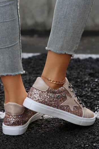 Women Gold Star Sequin Patchwork Leopard Lace-Up Shoes | Sneakers