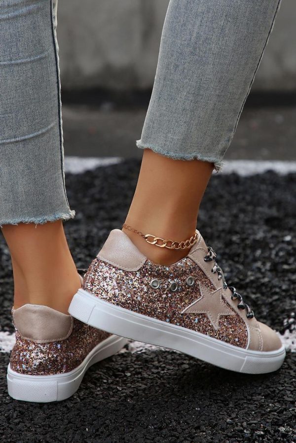 Women Gold Star Sequin Patchwork Leopard Lace-Up Shoes | Sneakers