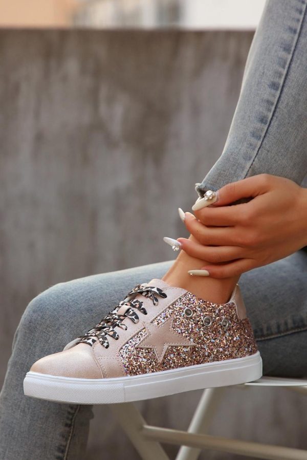 Women Gold Star Sequin Patchwork Leopard Lace-Up Shoes | Sneakers - Image 2