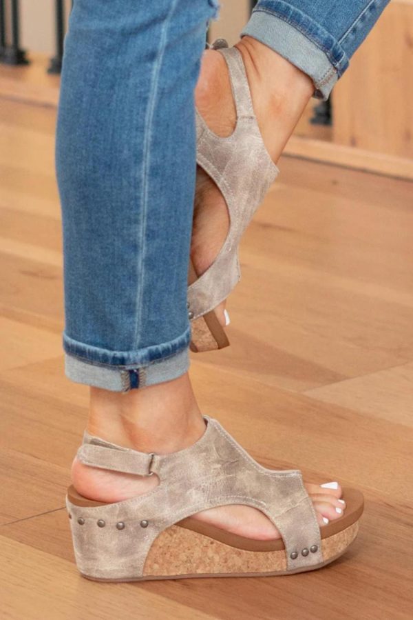 Women Gray Vintage Leather Stitching Studded Wedge Sandals | Sandals