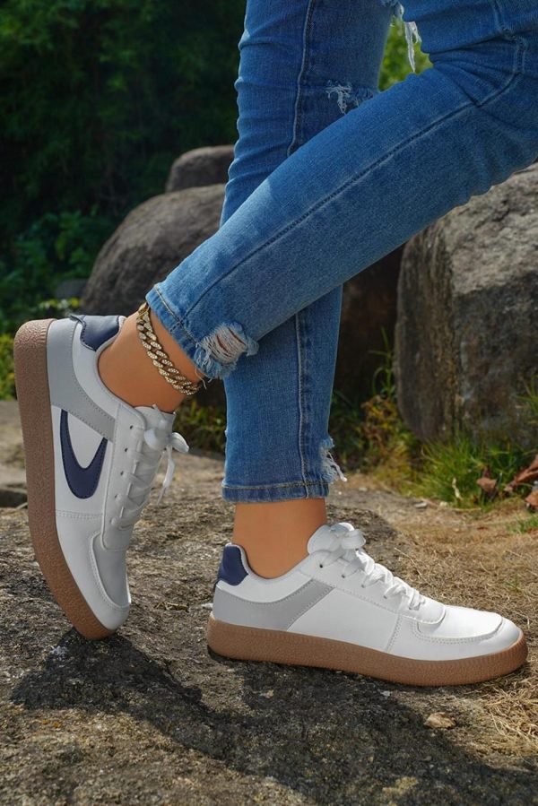 Women Navy Blue Pu Leather Lace Up Sneakers | Sneakers - Image 2
