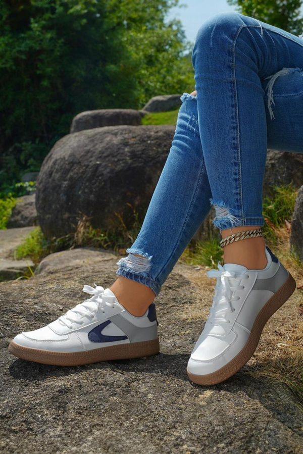 Women Navy Blue Pu Leather Lace Up Sneakers | Sneakers - Image 3