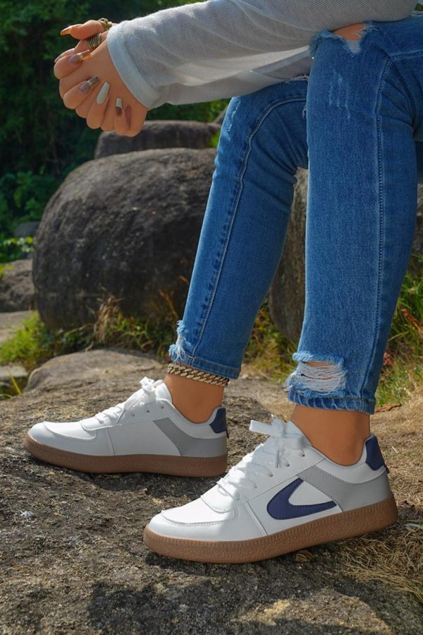 Women Navy Blue Pu Leather Lace Up Sneakers | Sneakers - Image 4