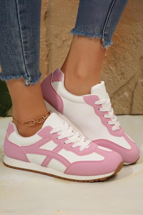 Women Pink Contrast Lace Up Round Toe Sneakers | Sneakers