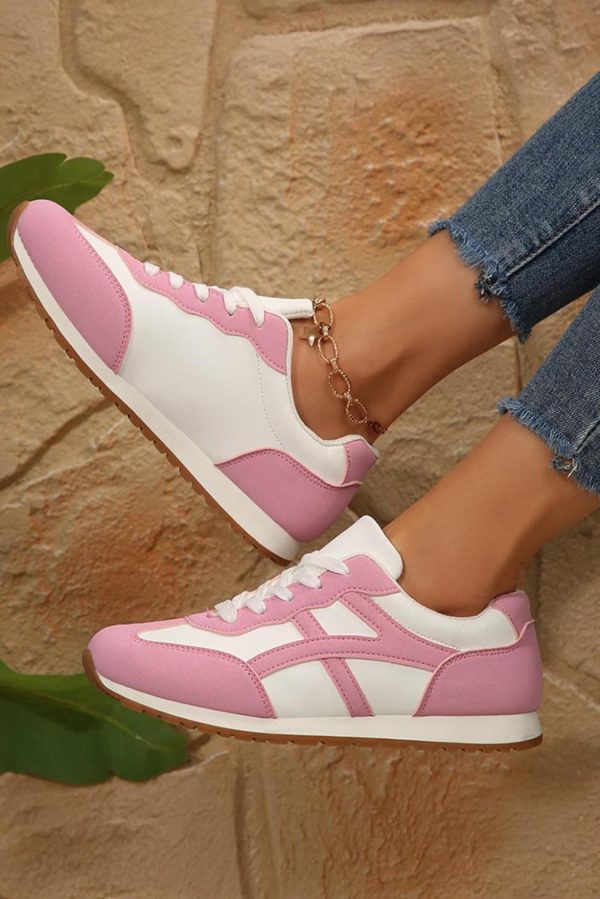 Women Pink Contrast Lace Up Round Toe Sneakers | Sneakers - Image 2