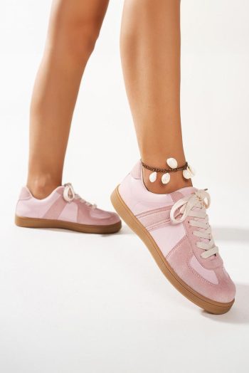 Women Pink Two Tone Suede Patched Lace Up Sneakers | Sneakers