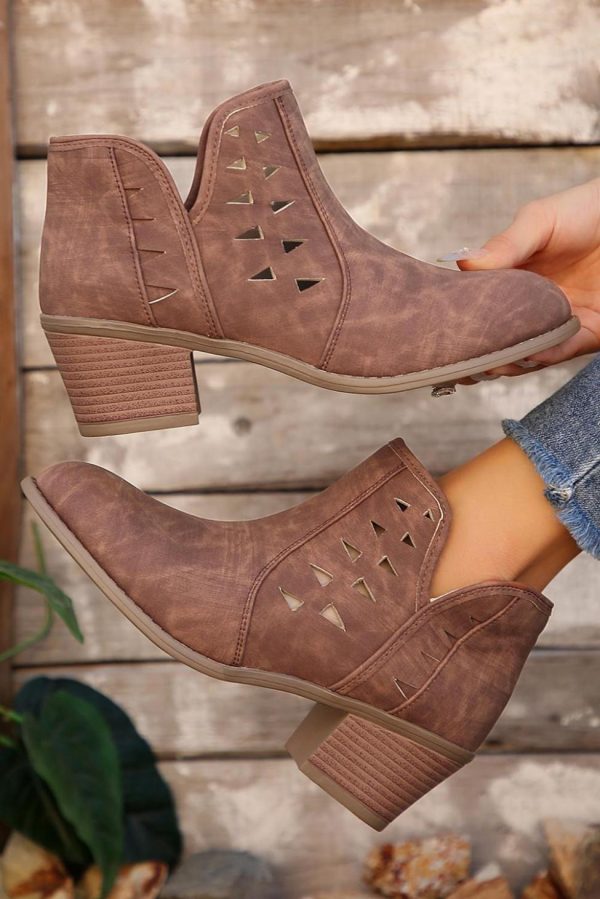 Women Red Sandalwood Cut Out Suede Pointed Toe Heeled Ankle Boots | Boots - Image 2