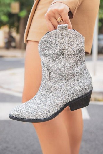 Women Silvery Glitter Pu Leather Ankle Boots | Boots