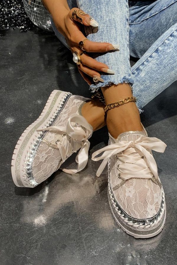 Women White Floral Mesh Thick Sole Sneakers | Sneakers - Image 2