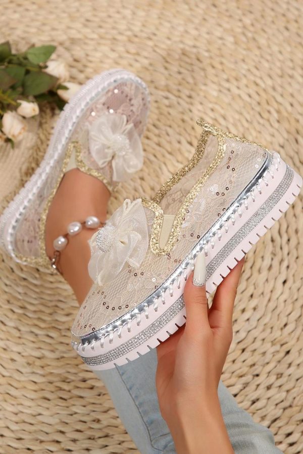 Women White Sequin Bow Thick Sole Casual Shoes | Sneakers - Image 3