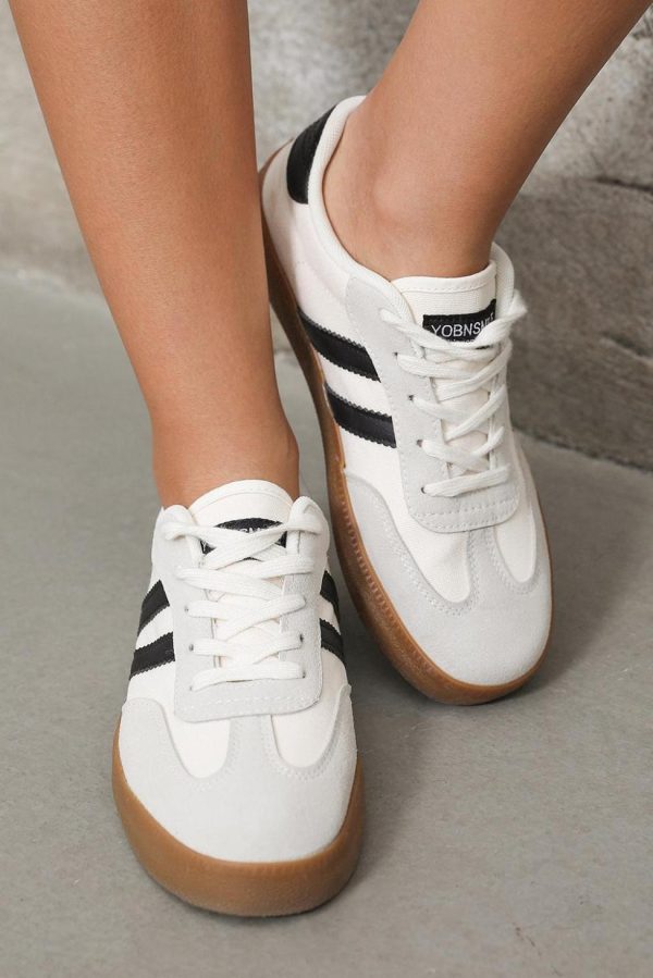 Women White Striped Lace Up Flat Sneakers | Sneakers - Image 2