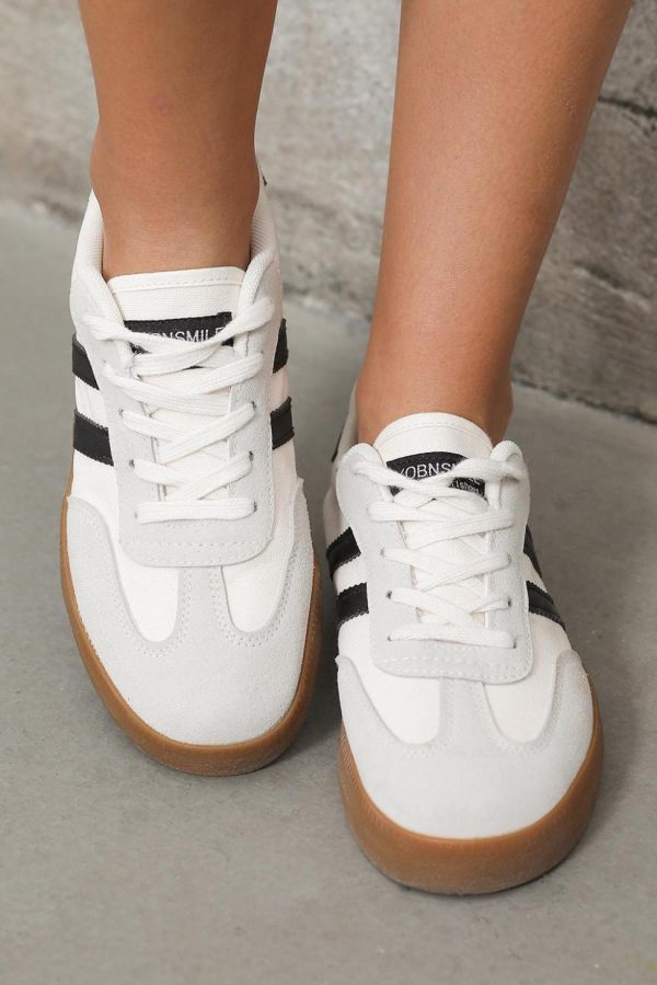 Women White Striped Lace Up Flat Sneakers | Sneakers - Image 3