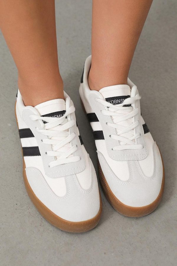Women White Striped Lace Up Flat Sneakers | Sneakers - Image 4