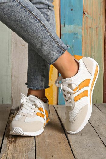 Women Yellow Patchwork Breathable Lace Up Sneakers | Sneakers