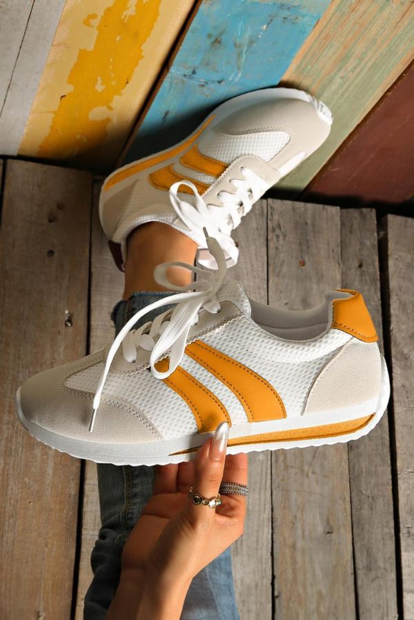 Women Yellow Patchwork Breathable Lace Up Sneakers | Sneakers - Image 3